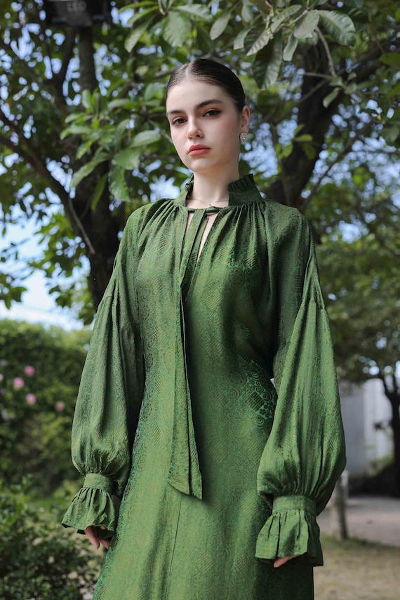 Green Silk Maxi Dress, Ruffle Sleeve Cocktail Gown