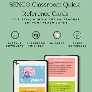 May include: SENCO Classroom Quick-Reference Cards for dyslexia, ADHD, and autism teachers. The flash cards include 18 cards and are available for instant download. The cards feature a cartoon brain with glasses and the word "DYSLEXIA".