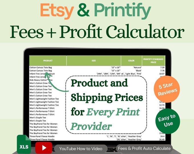 Etsy Fees Printify Profit Calculator USA Pricing Excel Workbook for Print on Demand Profit Tool