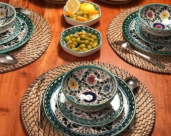 Crockery Set With Hand-painted Turquoise Floral Pattern