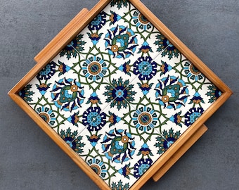 Wooden tray with ceramic tile decoration in oriental style, serving platter, coffee service, decoration, gift, housewarming, handmade