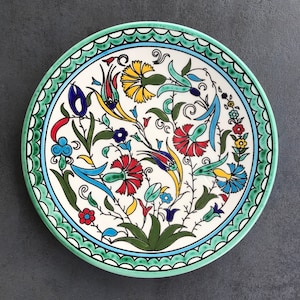 Turquoise-colorful cake plate for small cakes / biscuits with fine flower details, flat plate, eating utensils, table service, hand painted, 27 cm