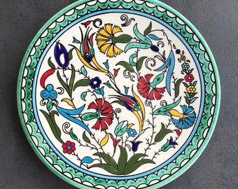 Turquoise-colorful cake plate for small cakes / biscuits with fine flower details, flat plate, eating utensils, table service, hand painted, 27 cm