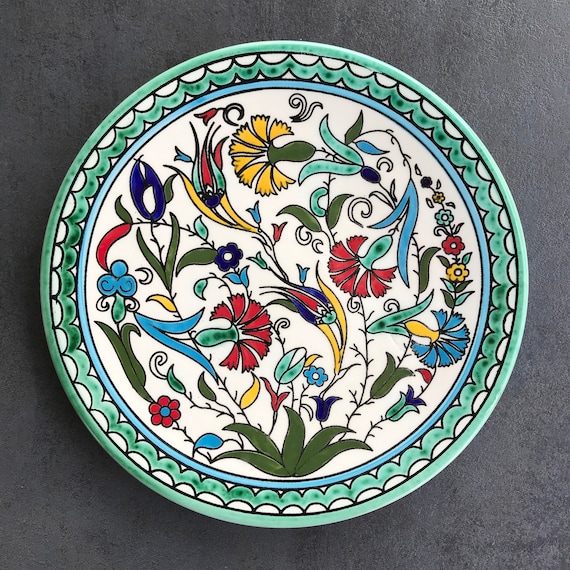 Turquoise-colorful cake plate for small cakes / biscuits with fine flower details, flat plate, eating utensils, table service, hand painted, 27 cm
