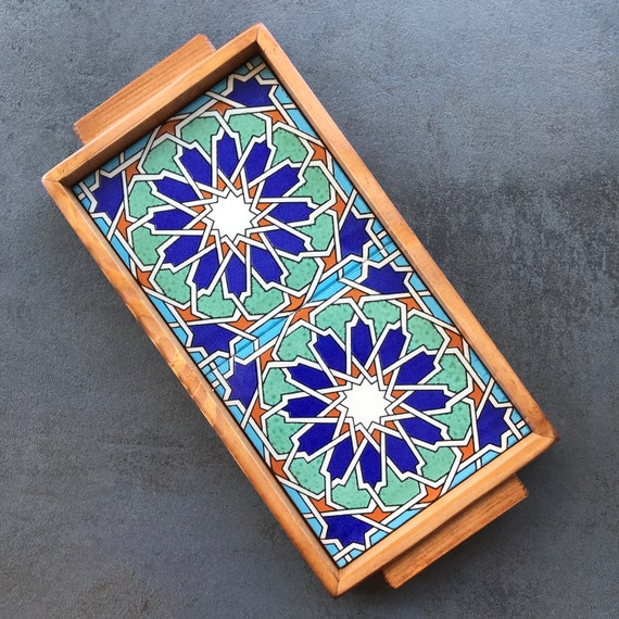 Wooden tray with turquoise/blue ceramic tiles in Moroccan style, decorative tray, serving plate, handmade