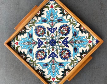 Wooden tray with ceramic tile decoration in oriental style, serving plate, coffee service, decoration, gift, inauguration, handmade