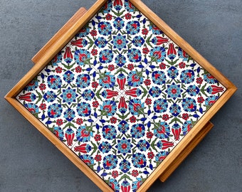 Wooden tray with ceramic tile decoration with mandala pattern, serving plate, coffee service, decoration, gift, inauguration, handmade