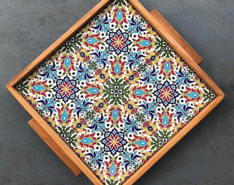 Tray, serving platter, coffee service, ceramic and wooden dinner plate, decoration, boho, gift, housewarming, handmade