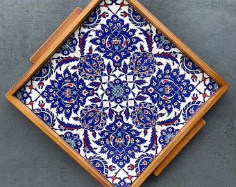 Rectangular wooden tray with ceramic tiles in oriental style, serving plate, coffee service, gift, shipping from Germany