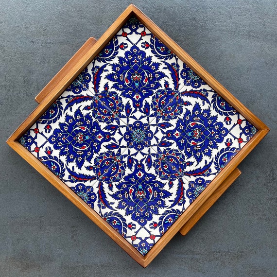 Rectangular wooden tray with ceramic tiles in oriental style, serving platter, coffee service, gift, shipped from Germany
