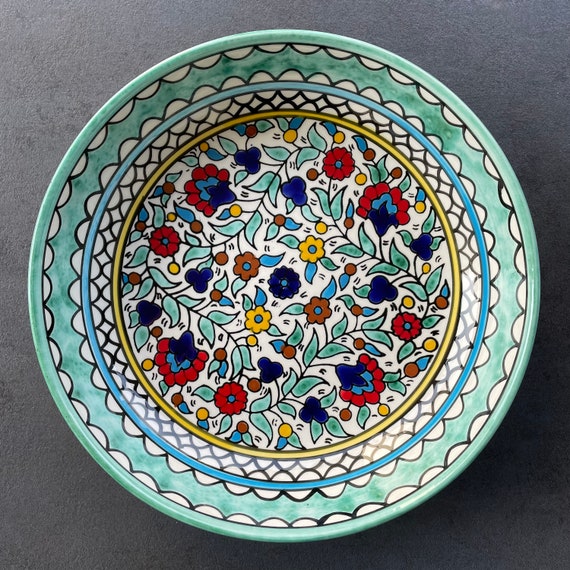 Large turquoise fruit bowl with oriental flower details, salad bowl, serving bowl, dinnerware, table decoration, center piece, boho, 30 cm