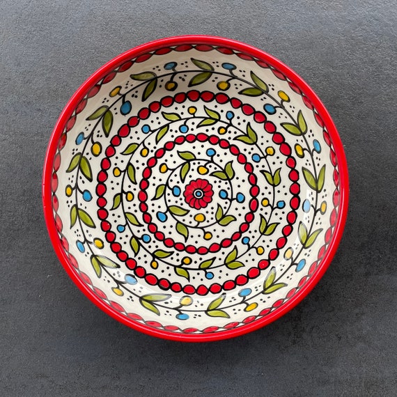 Red fruit bowl with oriental flower details, salad bowl, dinnerware, table decoration, boho