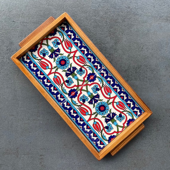 Wooden tray with ceramic tiles in blue/white/red, decorative tray, serving plate, board, handmade