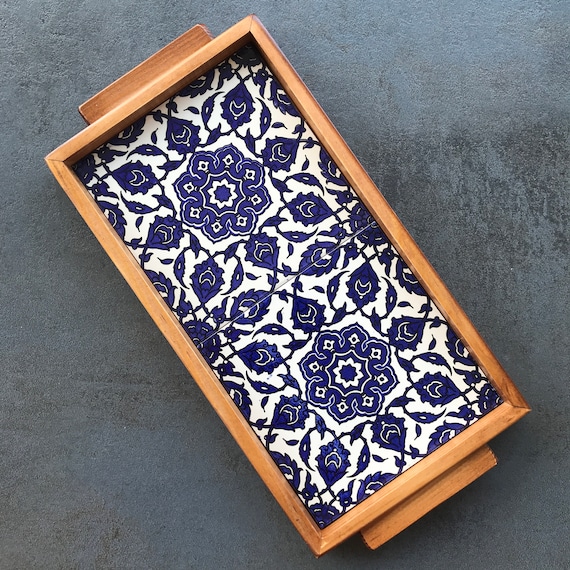 Wooden Tray Ceramic Tiles Blue White Floral Mandala Decorative Tray Serving Platter Handmade