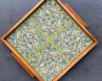 Wooden tray with ceramic tiles in spring-like vintage style, decorative tray, serving plate, handmade