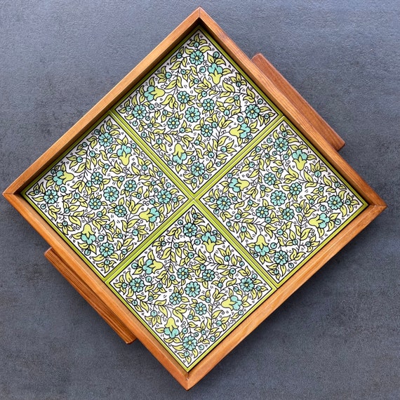 Wooden tray with ceramic tiles in spring-like vintage style, decorative tray, serving plate, handmade