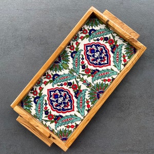 Vintage olive wood tray with tile decoration