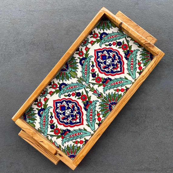 Vintage olive wood tray with tile decoration