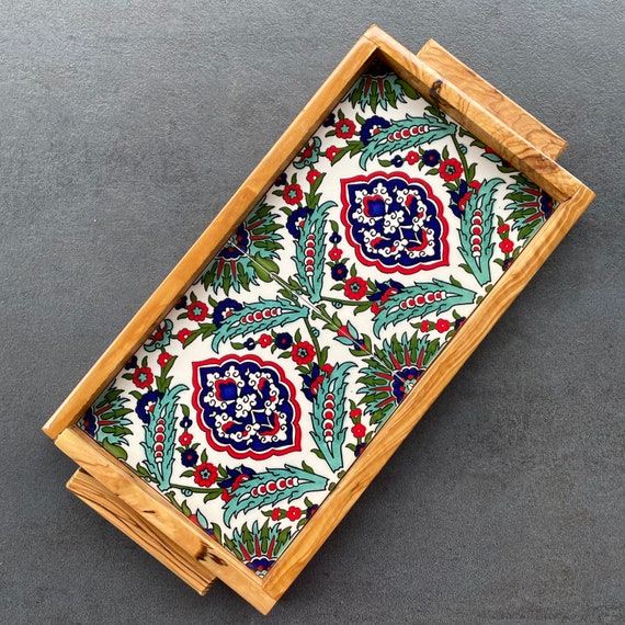 Vintage olive wood tray with tile decoration