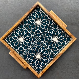 olive wood tray with ceramic decoration