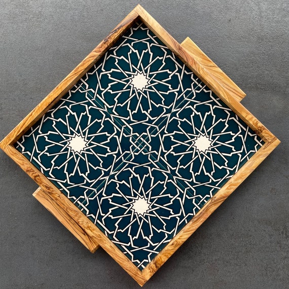 olive wood tray with ceramic decoration