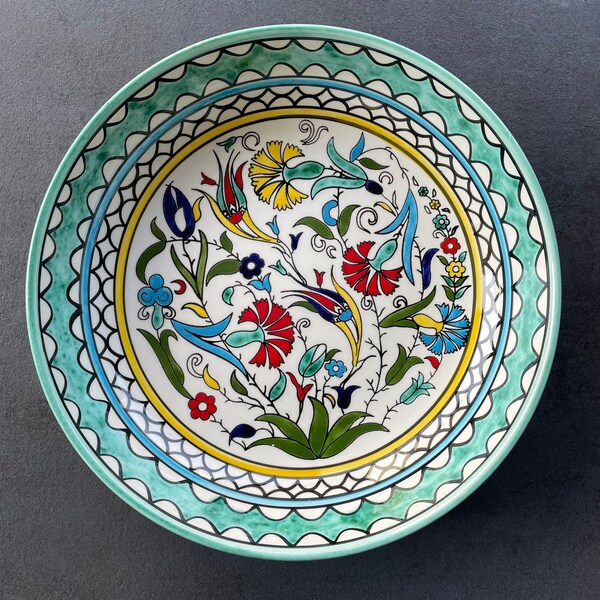 Grand bol à fruits turquoise avec détails de fleurs orientales, saladier, bol de service, vaisselle, décoration de table, centre de table, bohème, 30 cm