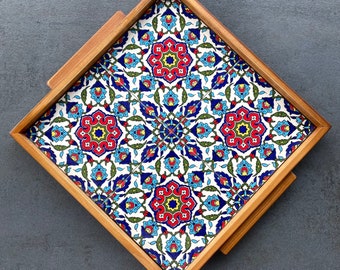 Wooden tray with ceramic tile decoration in oriental style, serving plate, coffee service, decoration, gift, housewarming, handmade