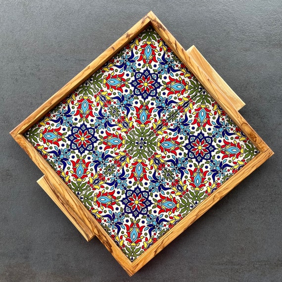 Colorful olive wood tray with tile decoration