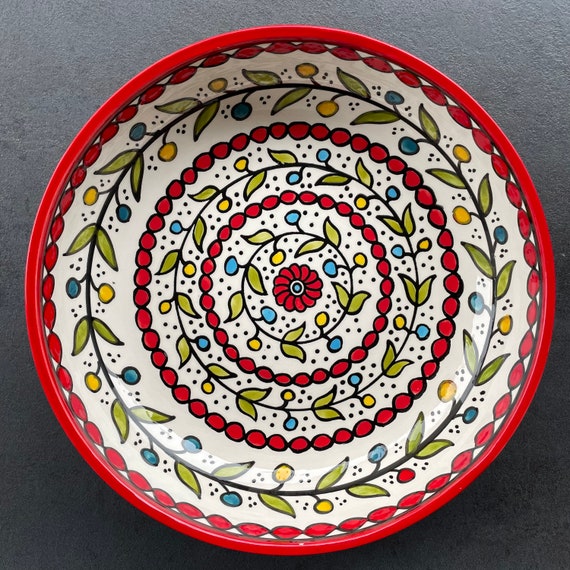 Large red fruit bowl with oriental flower details, salad bowl, serving bowl, dinnerware, table decoration, center piece, boho, 30 cm
