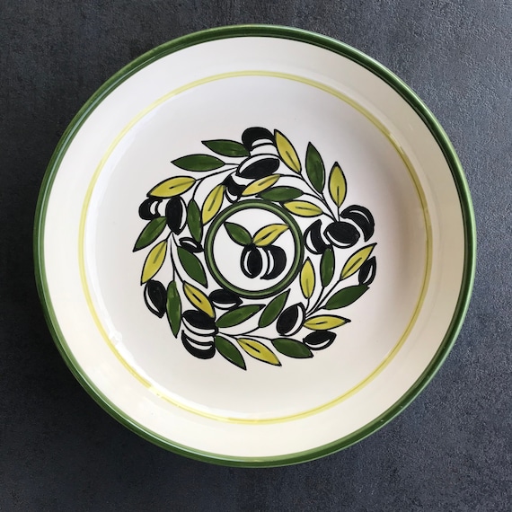 Green and white Mediterranean bowl, ceramic bowl, fruit bowl, salad bowl, bowl with olive pattern, table decoration, center piece, handmade