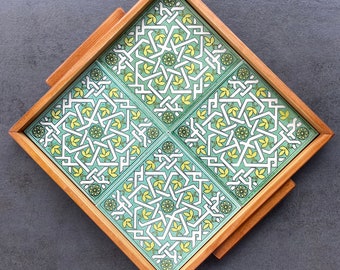 Bandeja de madera, plato para servir con azulejos de cerámica verde de estilo oriental, decoración, boho, regalo, inauguración, hecho a mano