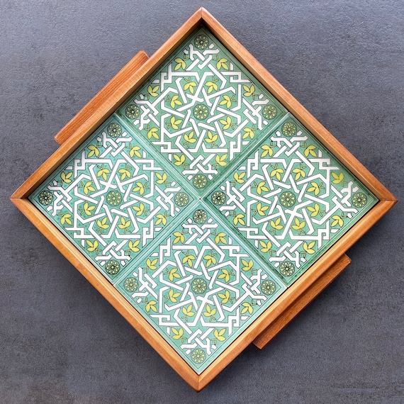 Wooden tray, serving plate with green ceramic tiles in oriental style, decoration, boho, gift, inauguration, handmade
