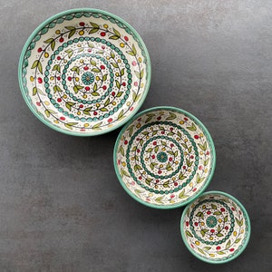 Turquoise fruit bowl with oriental floral details, salad bowl, eating utensils, table decoration, boho image 5