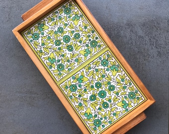 Wooden tray with ceramic tiles in spring-like vintage style, decorative tray, serving plate, handmade