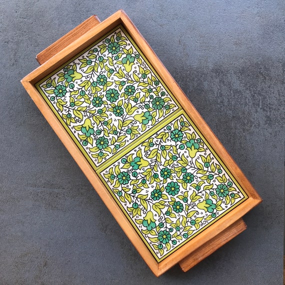 Wooden tray with ceramic tiles in spring-like vintage style, decorative tray, serving plate, handmade