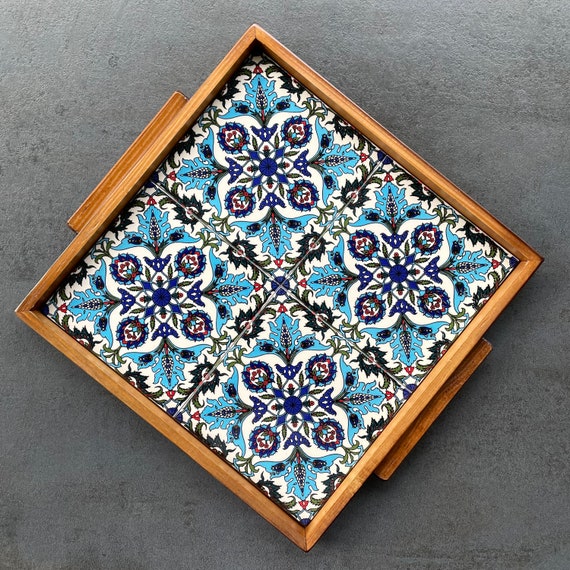 Wooden tray with ceramic tile decoration in oriental style, serving plate, coffee service, decoration, gift, inauguration, handmade