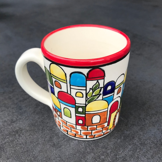 Red - colorful cup, tea cup, mug with hand-painted oriental old town pattern, Jerusalem, Bethlehem