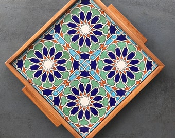 Bandeja de madera con azulejos de cerámica de estilo marroquí, plato para servir, servicio de café, regalo, hecho a mano, envío desde Alemania