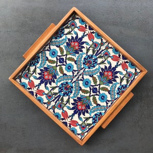 Wooden tray with ceramic tiles in boho style, serving plate, coffee service, dining plate, decoration, gift, inauguration, handmade