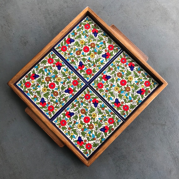 Square Large Wooden Tray with Ceramic Tile Serving Platter Serving Tray Boho Floral Design Kitchen and Table Decor