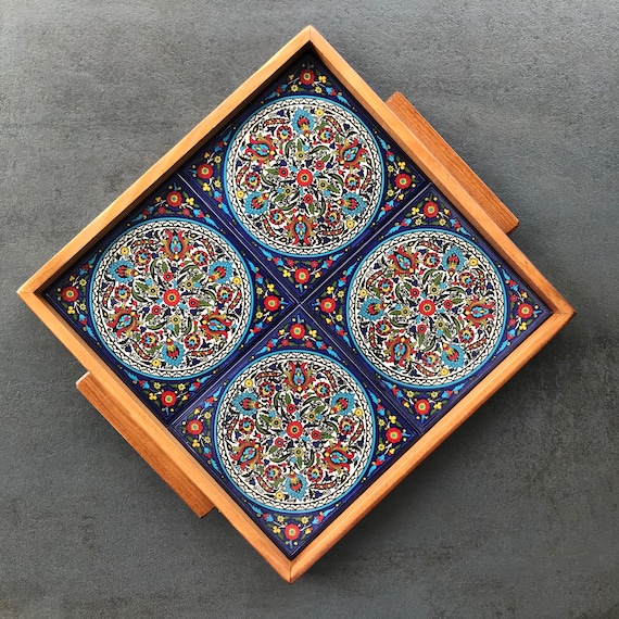 Tray, serving plate, coffee service, dining plate made of ceramic and wood, decoration, boho, gift, housewarming, handmade
