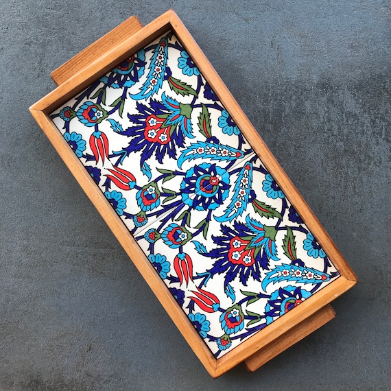 Wooden tray with oriental ceramic tiles in turquoise boho style, decorative tray, serving plate, handmade