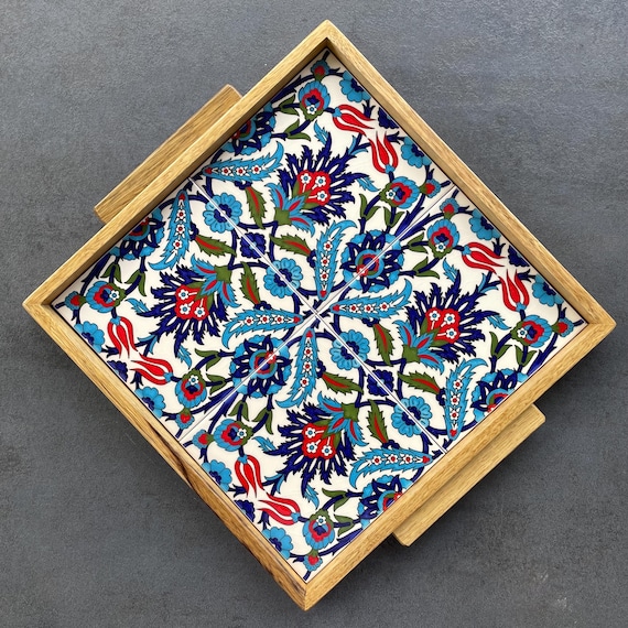 Artistic walnut tile serving tray
