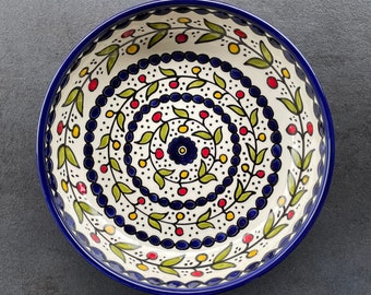 Fruit bowl with oriental floral details, salad bowl, eating utensils, table decoration, boho