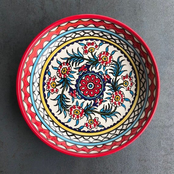 Red bowl with flower details, ceramic bowl, fruit bowl, salad bowl, bowl, boho