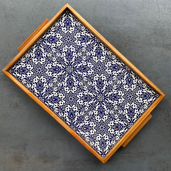 Large rectangular wooden tray with blue and white tiles, serving platter, coffee service, serving board, decoration, gift, housewarming, vintage