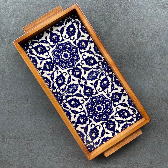 Rectangular wooden tray with tile decoration, blue and white mandala, vintage, decorative tray, serving plate, gift for weddings, housewarmings