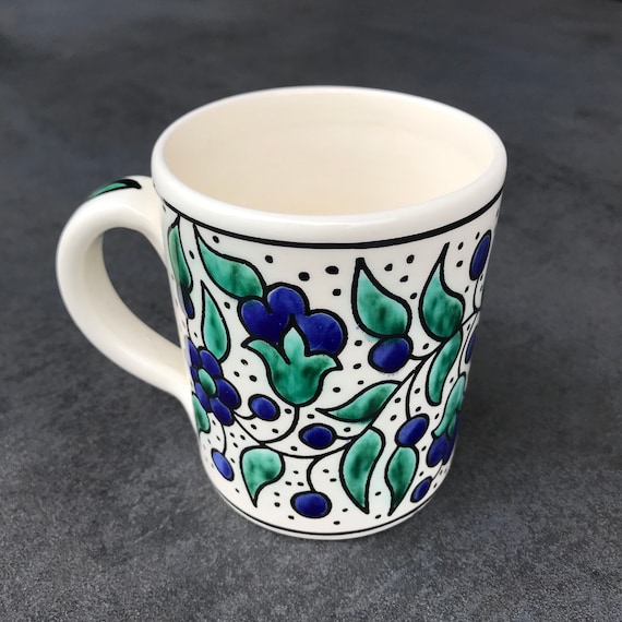 Blue-turquoise cup, teacup, mug with floral pattern, hand-painted unique piece, ceramic cup, boho style