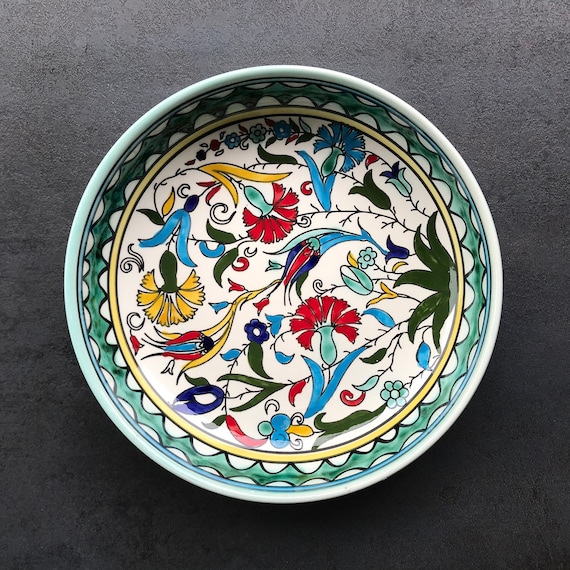 Turquoise fruit bowl with oriental floral details, salad bowl, dinnerware, table decoration, boho