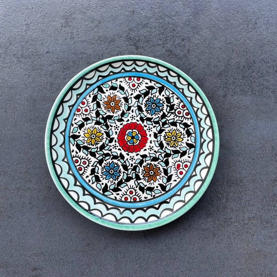 Small turquoise plate, breakfast plate, cake plate, table service, crockery with flower details, hand-painted